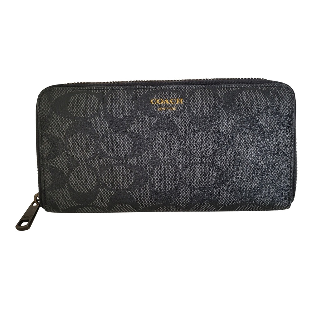 Coach Accordion Zip Around Wallet Signature Canvas Charcoal Black F58112